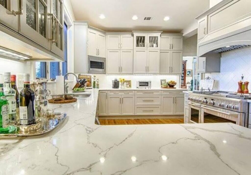 White Calacatta-look quartz kitchen countertops and island, Austin TX